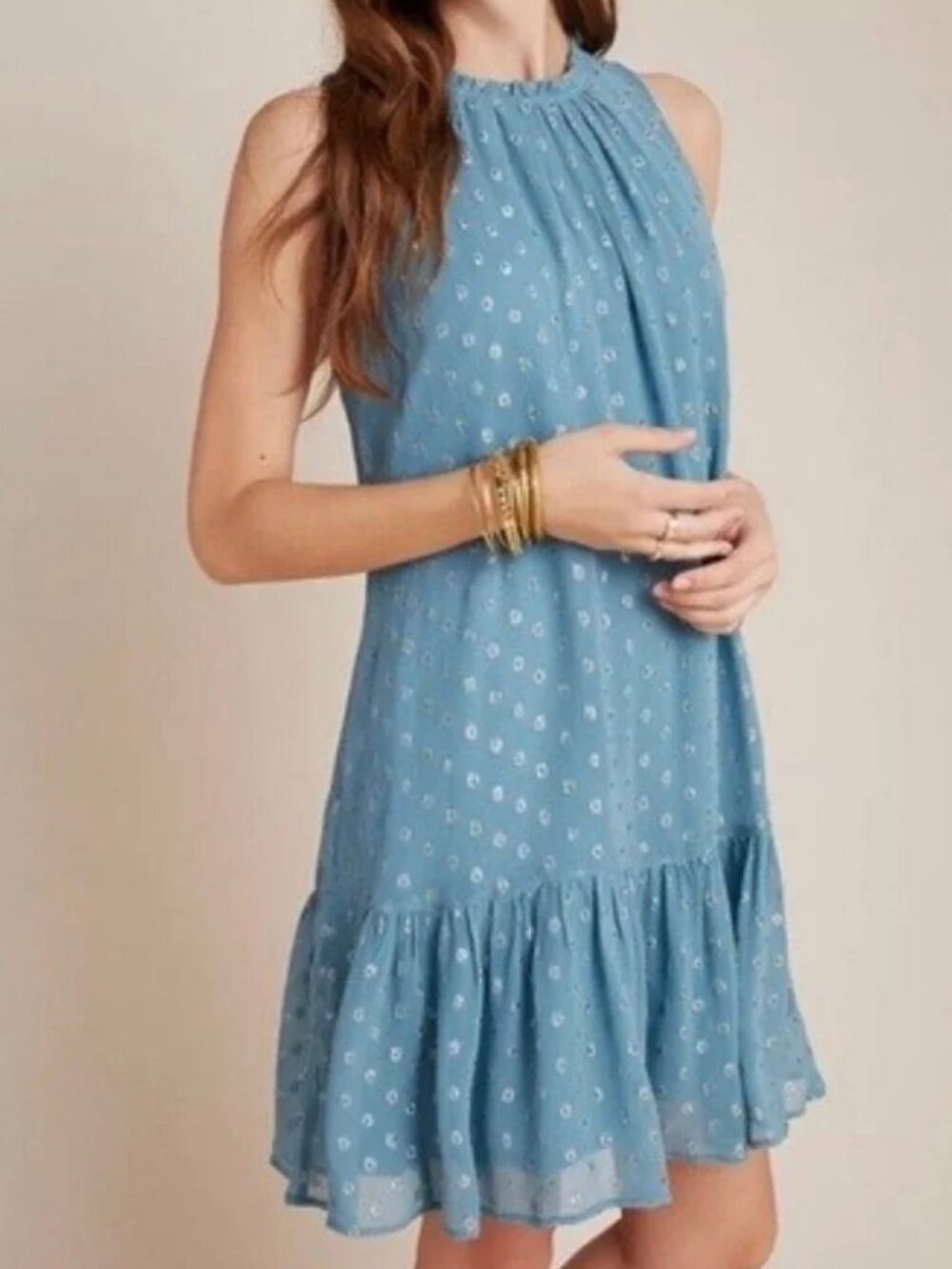 Anthropologie Natalie Flounce Blue Sleeveless Metallic Dot Mini Dress, Medium